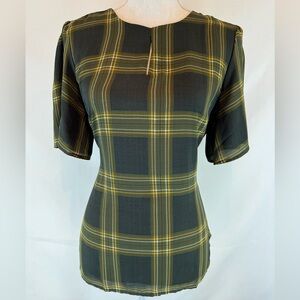 Ann Taylor Factory Women Plaid Green Zipper Top Short Sleeve Tie Med Petite NWT